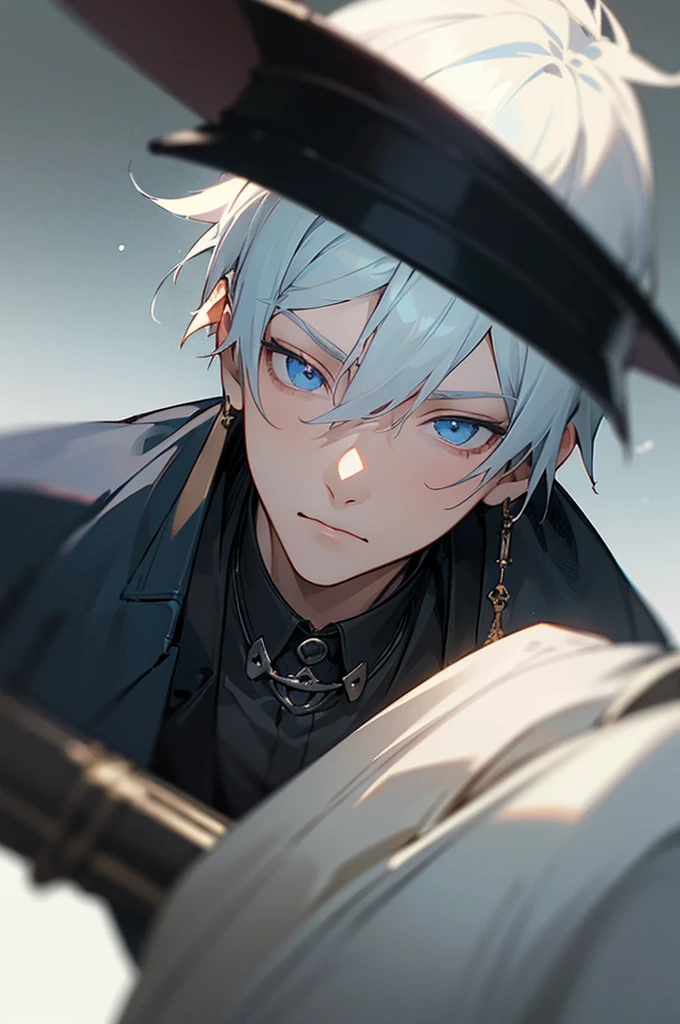 masterpiece, best quality, game cg, 1boy, solo, male focus, looking at viewer, , depth of field, , , mikhail_vanitas_no_karte, white hair, blue eyes, , , dieselpunk, 12k resolution, upper body