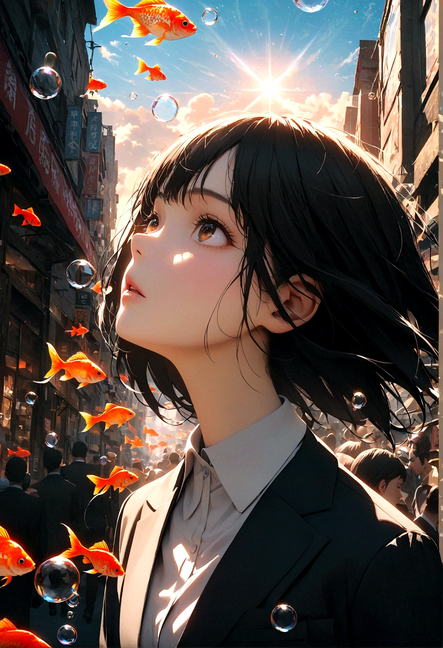 (woman\(OL, 23 years old, Short black hair floating, Asian Natural Eyes, suit, Pale skin, Tired face、lack of shine in the eyes\) Looking up at the sky), (Many goldfish are swimming in the air), Beautiful sky, Beautiful Clouds, Colorful summer flowers are blooming everywhere., (Transparent bubbles shine like prisms here and there in the sky), There is a noon moon and a noon star in the sky, In a crowded downtown, break ,quality\(8K,非常に精細なCGユニットのwallpaper, masterpiece,High resolution,top-quality,top-quality real texture skin,Surreal,Increase the resolution,RAW Photos,最高quality,Very detailed,wallpaper,Cinema Lighting,Ray-tracing,Golden Ratio\),(Long Shot),Wide Shot,