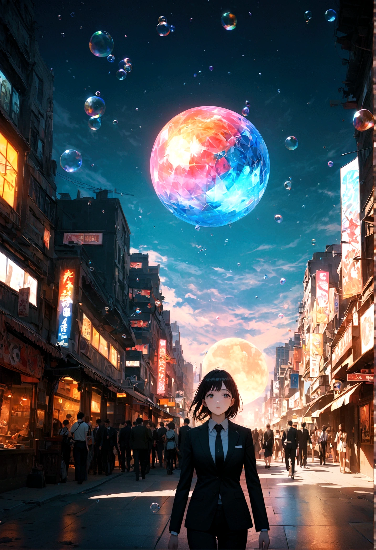 (woman\(OL, 23 years old, Short black hair floating, Asian Natural Eyes, suit, Pale skin, Tired face、lack of shine in the eyes\) Looking up at the sky), (Many goldfish are swimming in the air), Beautiful sky, Beautiful Clouds, Colorful summer flowers are blooming everywhere., (Transparent bubbles shine like prisms here and there in the sky), There is a noon moon and a noon star in the sky, In a crowded downtown, break ,quality\(8K,非常に精細なCGユニットのwallpaper, masterpiece,High resolution,top-quality,top-quality real texture skin,Surreal,Increase the resolution,RAW Photos,最高quality,Very detailed,wallpaper,Cinema Lighting,Ray-tracing,Golden Ratio\),(Long Shot),Wide Shot,