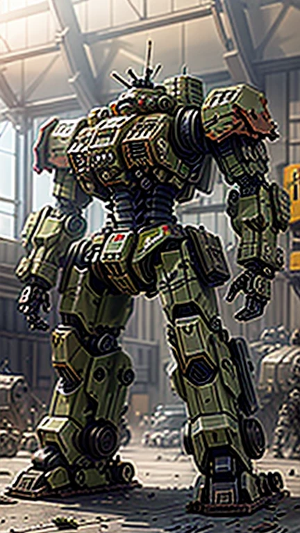 Warhammer Battlemech, camo-painted, in a hangar, 2 long cannon barrels instead of arms,