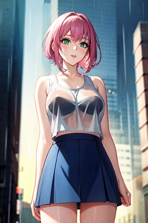 creates a 21-year-old anime girl in the rain with a wet white tank top with a short blue skirt pink hair and green eyes in an anime cityscape 