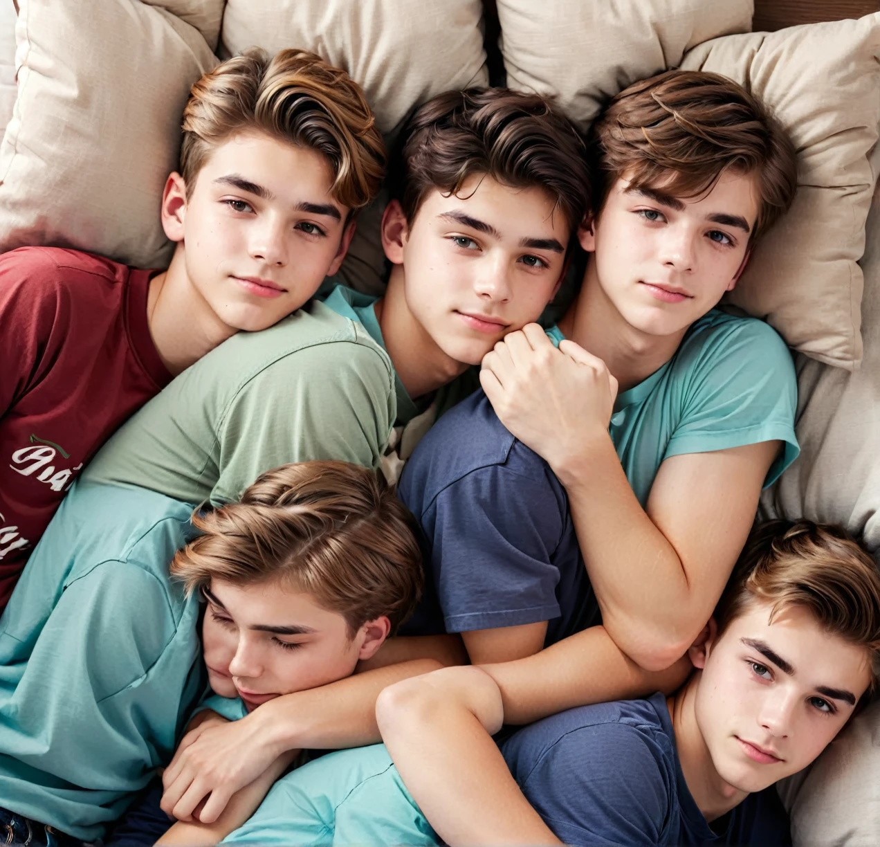 3 different cute male teenagers cuddling together