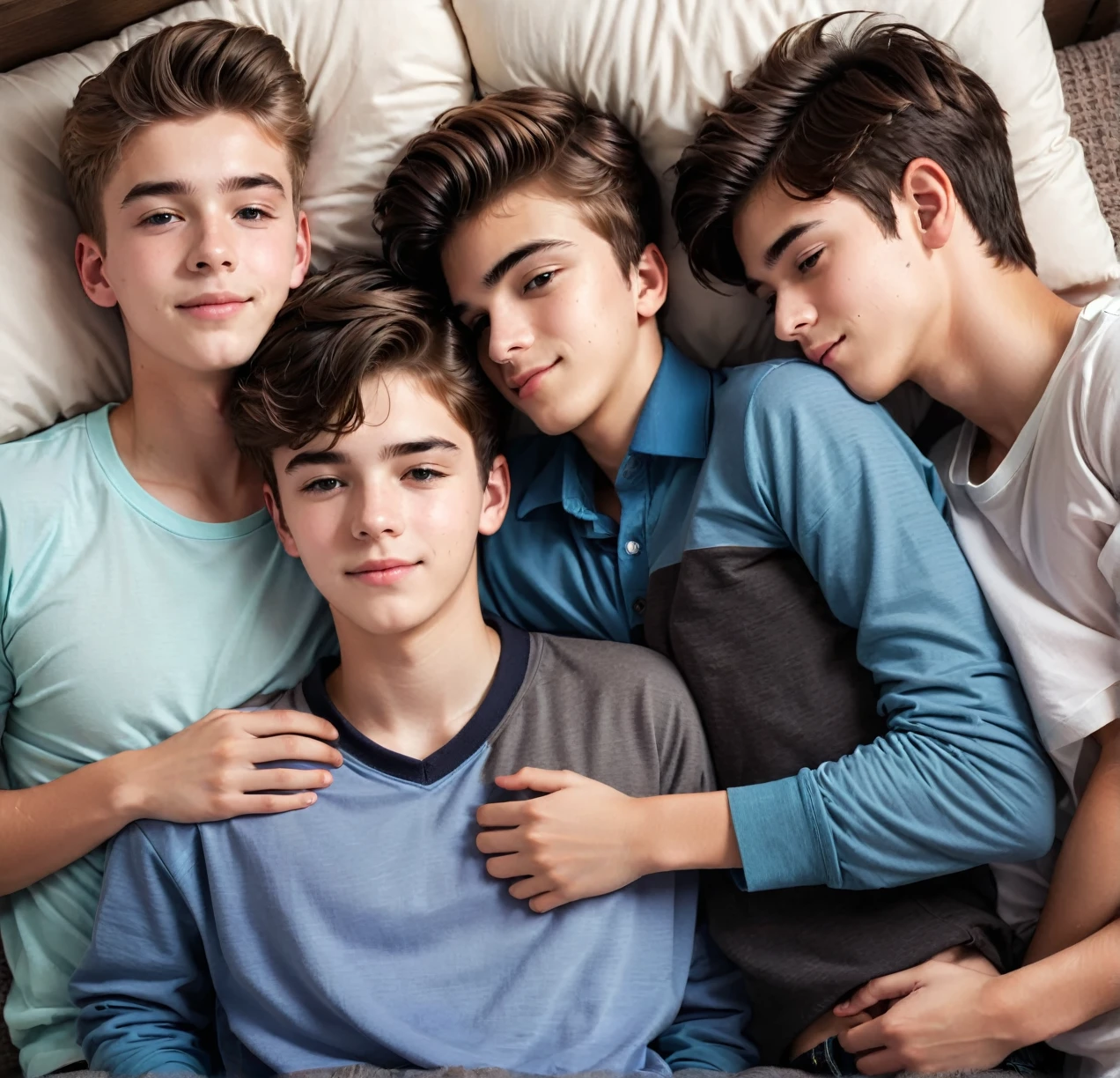 3 different cute male teenagers cuddling together