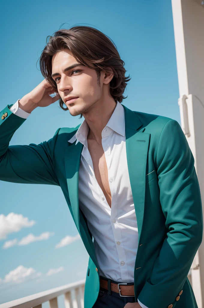 He is a handsome man, his eyes are blue, his clothes are green and sky blue, he is in Venezuela, he is elegant and his hair color is light brown.