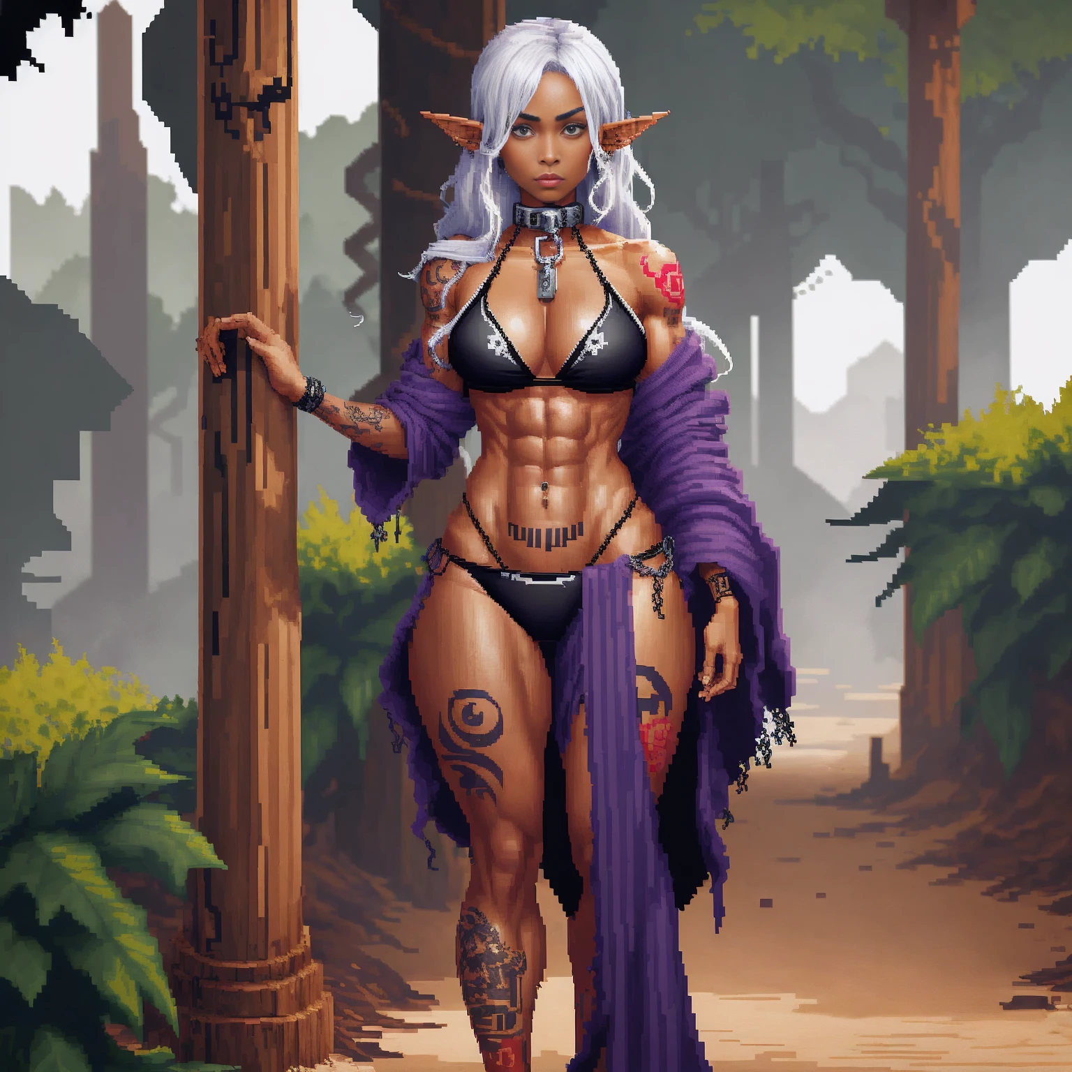 ((standing by wooden pole:1.2)) ((pixel art))((1 girl)) whole body, standing, gray skin, drow, elf, maduro, purple eyes, by white, black bikini, ABS, Large knockers, tattered rags, chain collar, stomach tattoo (red tattoo)