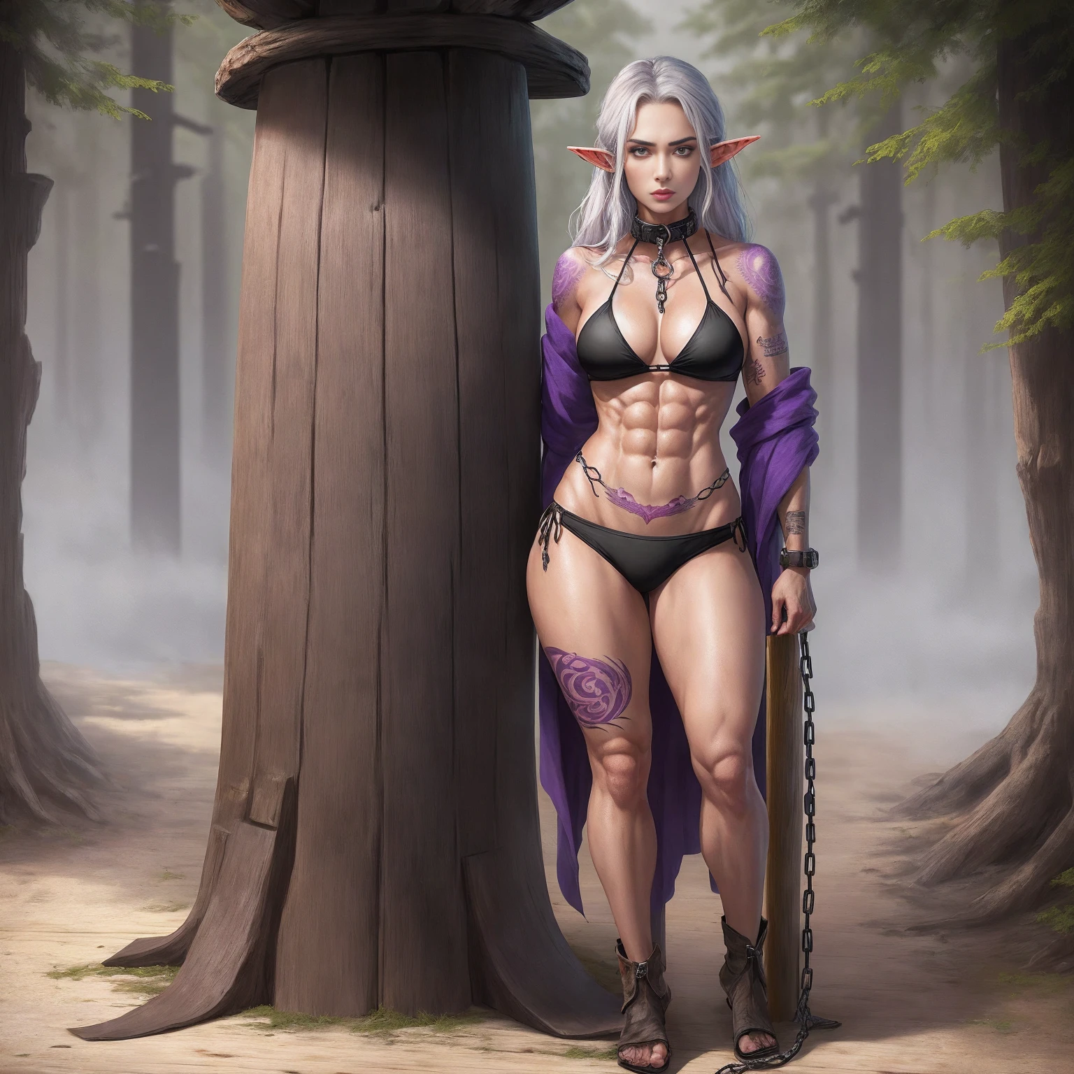 ((standing by wooden pole:1.2)) ((1 girl)) whole body, standing, gray skin, drow, elf, maduro, purple eyes, by white, black bikini, ABS, Large knockers, tattered rags, chain collar, stomach tattoo (red tattoo)