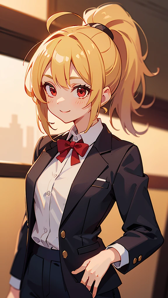 1 Girl、、Sharp focus、(Bokeh) (Highest quality) (Detailed skin:1.3) (Intricate details) (anime)、 age、Blonde ponytail、Ahoge、Beautiful red eyes、smile、White shirt、Black work trousers、Black Fitted Blazer、Slender body,Upper body close-up、Golden Hour Sky