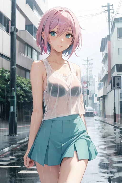 creates a 21-year-old anime girl in the rain with a wet white tank top with a short blue skirt pink hair and green eyes in an anime cityscape