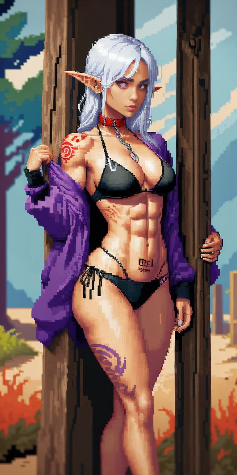 ((standing by wooden pole:1.2)) ((pixel art))((1 girl)) whole body, standing, gray skin, drow, elf, maduro, purple eyes, by white, black bikini, ABS, Large knockers, tattered rags, chain collar, stomach tattoo (red tattoo)