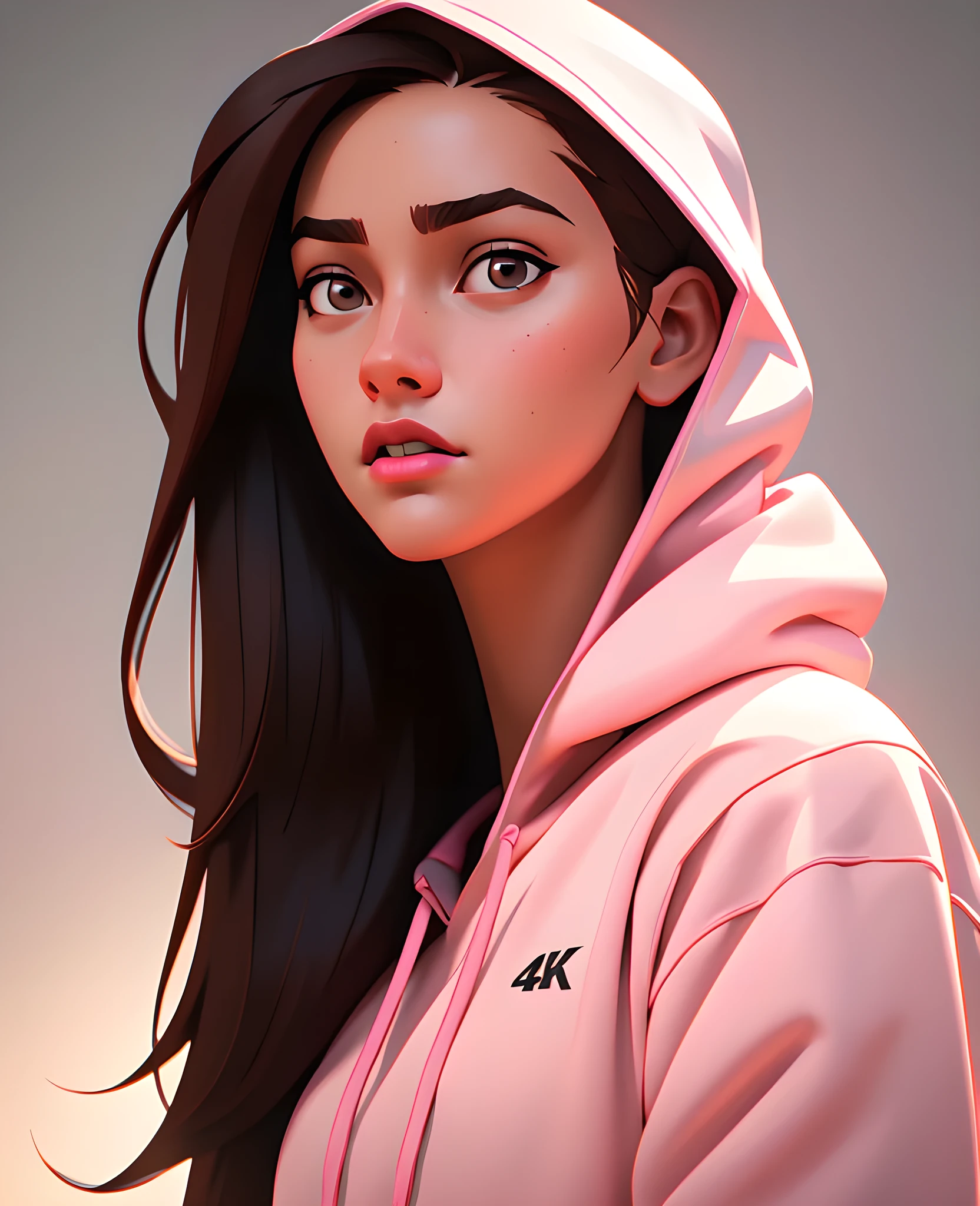 a beautiful girl with soft long brown hair, gray eyes, sharp features, white skin, pink lips, wearing a hoodie, calm expression, (best quality,4k,8k,highres,masterpiece:1.2),ultra-detailed,(realistic,photorealistic,photo-realistic:1.37),portraits,cinematic lighting,warm color tones