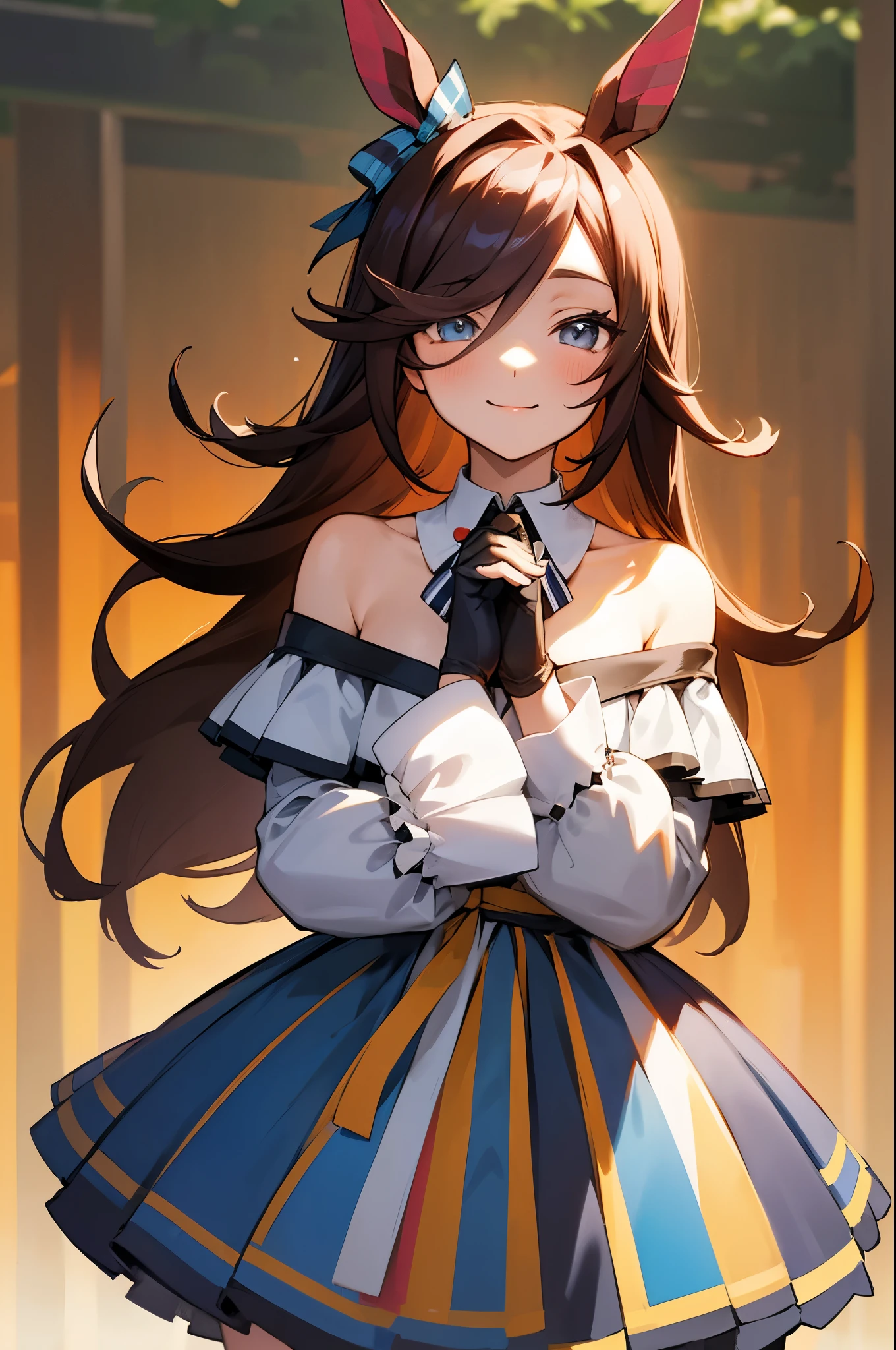 masterpiece, best quality, curren chan \(umamusume\), smile, park, vertical-striped dress, bare shoulders, off shoulder, closed mouth, long sleeves, collared dress, gloves, own hands together, cowboy shot,

