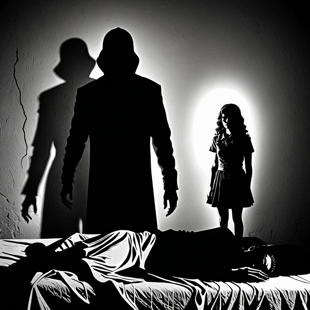 with corpse shadow, horror story.