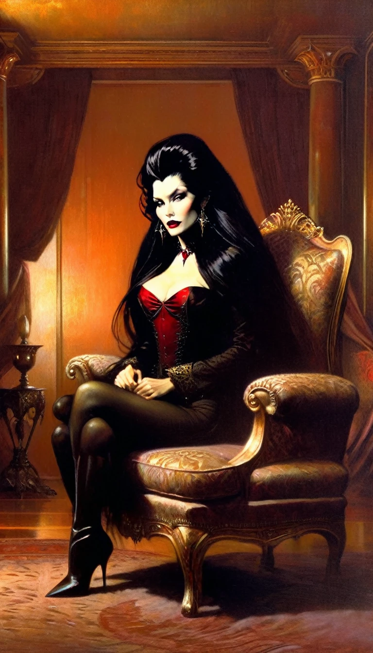 vampire girl, long black hair, middle age, full of blood, sexy middle age noble clothing, (((blood in the mouth))), slight smile, in a palace room, sitting in a luxurious armchair, large window with night view, dim light , sepia toned, (art inspired by Bill Sienkiewicz). oil painting)(best quality,4k,8k,highres,masterpiece:1.2),ultra-detailed,(realistic,photorealistic,photo-realistic:1.37),intricate details,vivid colors,sharp focus,professional,Dave McKean artwork, oil touch of surrealism,oil painting style