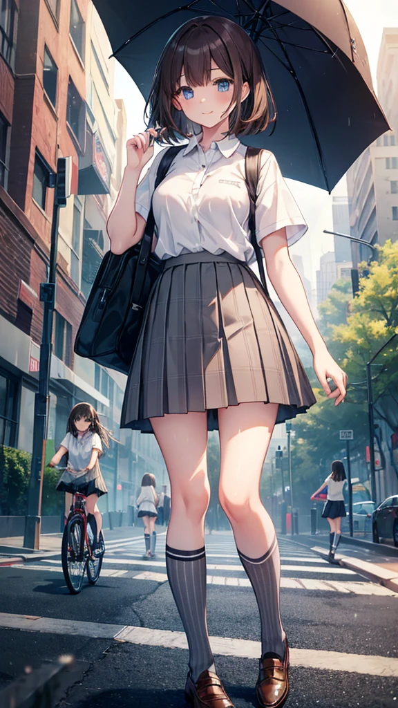 heavy rain, soaked, umbrella, long hair, looking at viewer, smile, bangs, blue eyes, multiple girls, skirt, brown hair, shirt, black hair, short sleeves, brown eyes, long hair, standing, white polo shirt, pleated skirt, open clothes, shoes, socks, striped, collared shirt, hand up, (3girls:1.3), bag, kneehighs, plaid skirt, brown footwear, flying sweatdrops, loafers, grey skirt, school bag, diagonal stripes, (ride on bicycle :1.3)