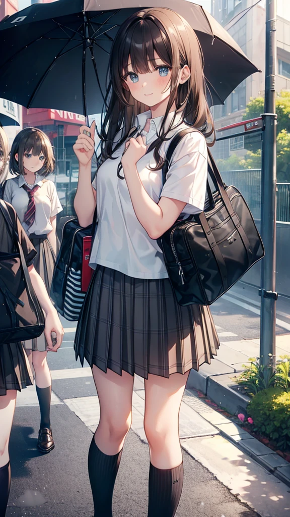 heavy rain, soaked, umbrella, long hair, looking at viewer, smile, bangs, blue eyes, multiple girls, skirt, brown hair, shirt, black hair, short sleeves, brown eyes, long hair, standing, white polo shirt, pleated skirt, open clothes, shoes, socks, striped, collared shirt, hand up, (3girls:1.3), bag, kneehighs, plaid skirt, brown footwear, flying sweatdrops, loafers, grey skirt, school bag, diagonal stripes, (ride on bicycle :1.3)