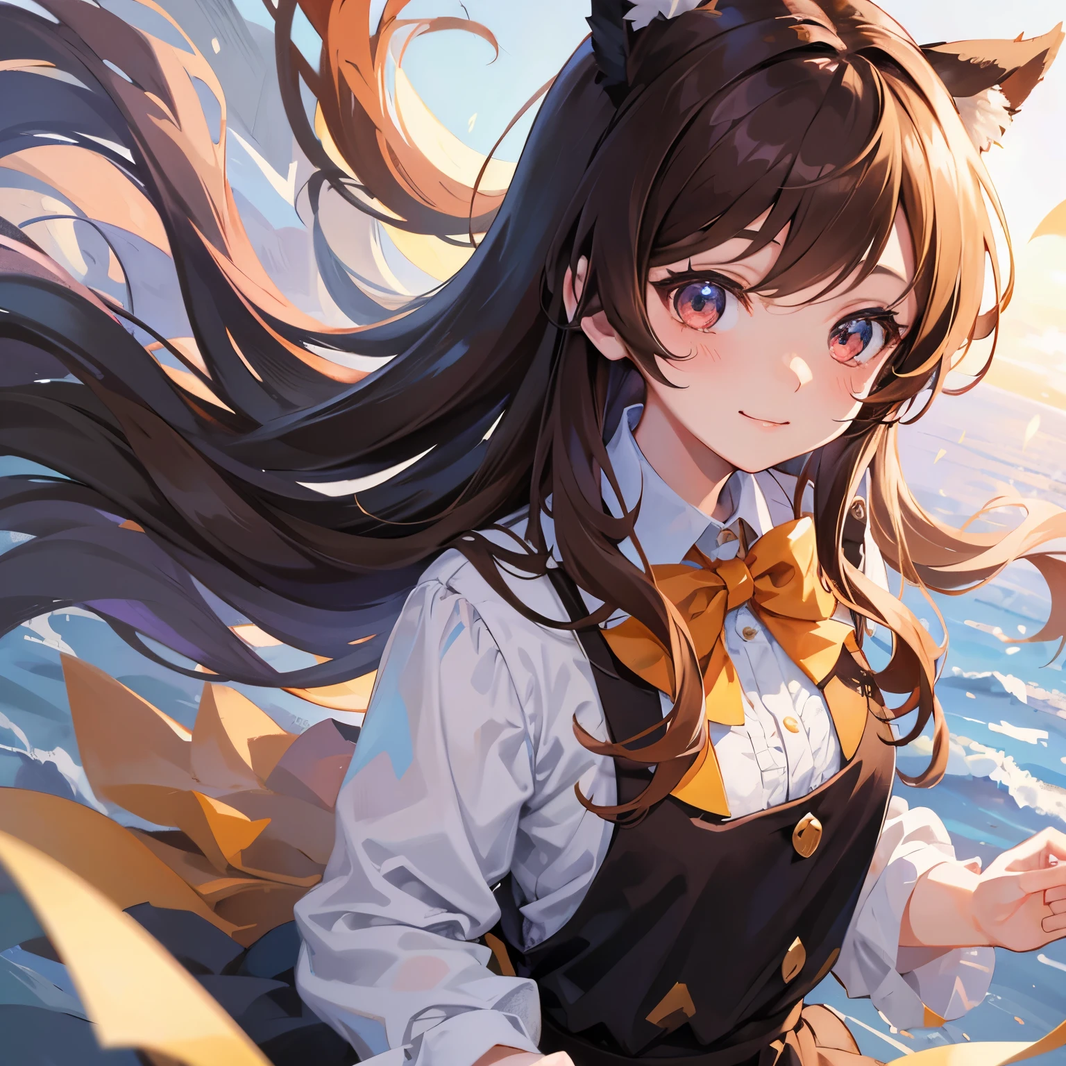 Anime girl with long brown hair and bow tie, [[[[galsoning evily]]]], , change, , Zerochan, Cute anime face, very slightly smiling, Animation Moe Artstyle, slightly happy expression, changesh, Zerochan art, very cute anime girl face, tomorrow, also
