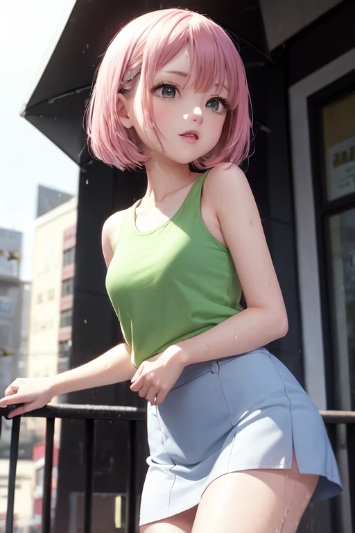 creates a 21-year-old anime girl in the rain with a wet white tank top with a short blue skirt pink hair and green eyes in an anime cityscape