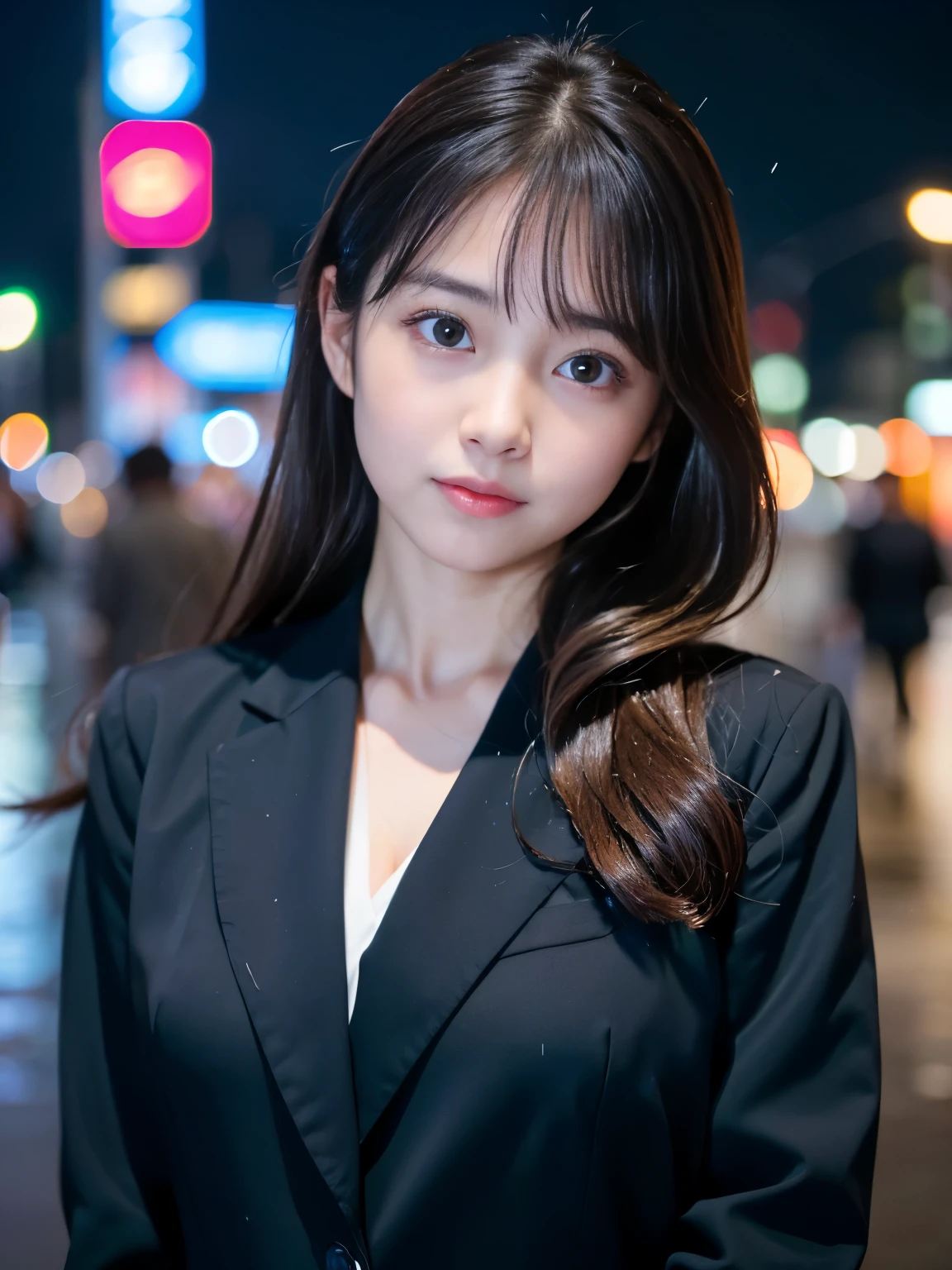 (Best-quality, Masterpiece, Ultra-High-Resolution, (Photorealistic:1.4), Raw Photo, depth of field, professional lighting, perfect anatomy, extremely details), 1girl, -yeld, thost famous Japanese idol, ((extremely cute face like the most popular Japanese idol, ((extremely cute and extremely big eyes)), extremely beautiful hair, extremely beautiful skins), extremely cute long-eyelashes, extremely cute lips), (((completely drunk))),
(standing on street in Stormy-Wind and Heavy-Rain),
((wearing black-formal-business-suit))