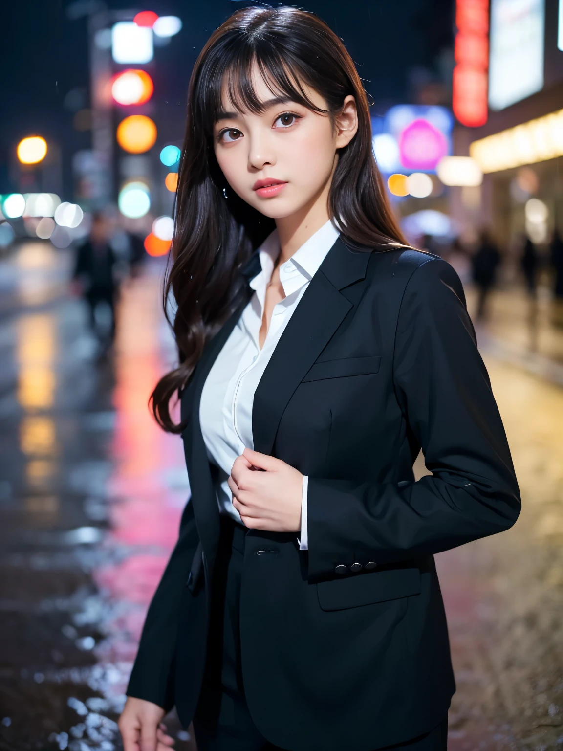 (Best-quality, Masterpiece, Ultra-High-Resolution, (Photorealistic:1.4), Raw Photo, depth of field, professional lighting, perfect anatomy, extremely details), 1girl, 15-years-old, the most famous Japanese idol, ((extremely cute face like the most popular Japanese idol, ((extremely cute and extremely big eyes)), extremely beautiful hair, extremely beautiful skins), extremely cute long-eyelashes, extremely cute lips), (((completely drunk))),
(standing on street in Stormy-Wind and Heavy-Rain),
((wearing black-formal-business-suit))