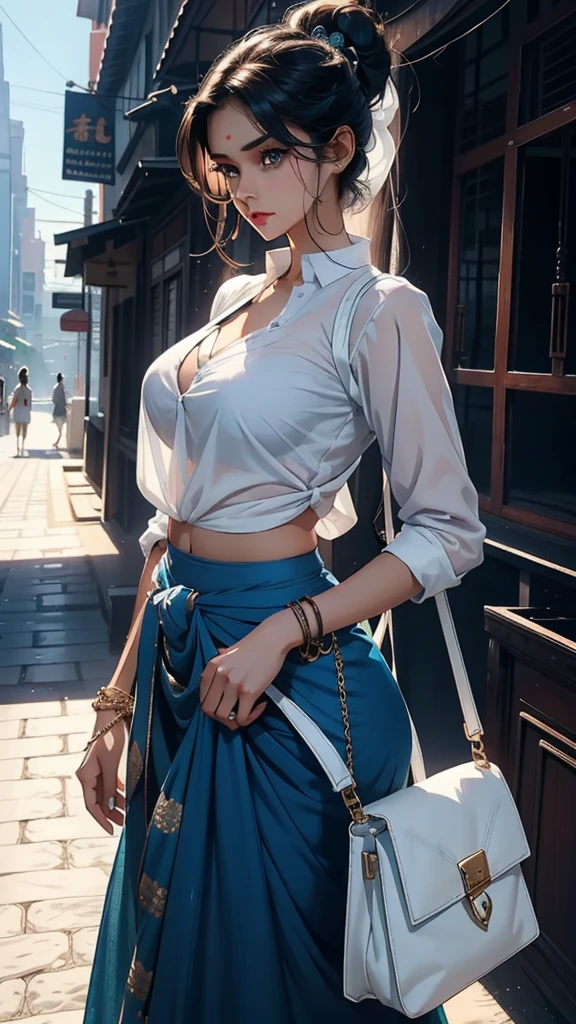 A 23 years old beautiful Indian girl with slim waist, big and large breast, hair tied, wide hips, long legs, blue eyes, eyelashes, slim body, bracelet in left hand, wearing white half shirt and blue skirt with bag hanging on the back which is