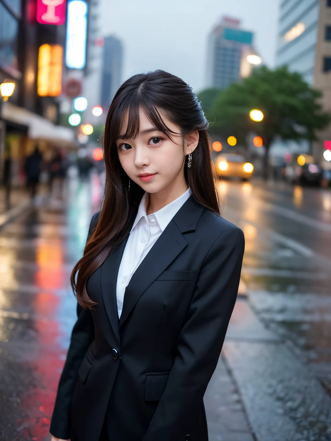 (Best-quality, Masterpiece, Ultra-High-Resolution, (Photorealistic:1.4), Raw Photo, depth of field, professional lighting, perfect anatomy, extremely details), 1girl, -yeld, thost famous Japanese idol, ((extremely cute face like the most popular Japanese idol, ((extremely cute and extremely big eyes)), extremely beautiful hair, extremely beautiful skins), extremely cute long-eyelashes, extremely cute lips), (((completely drunk))), 
(standing on street in  Stormy-Wind and Heavy-Rain), 
((wearing black-formal-business-suit))