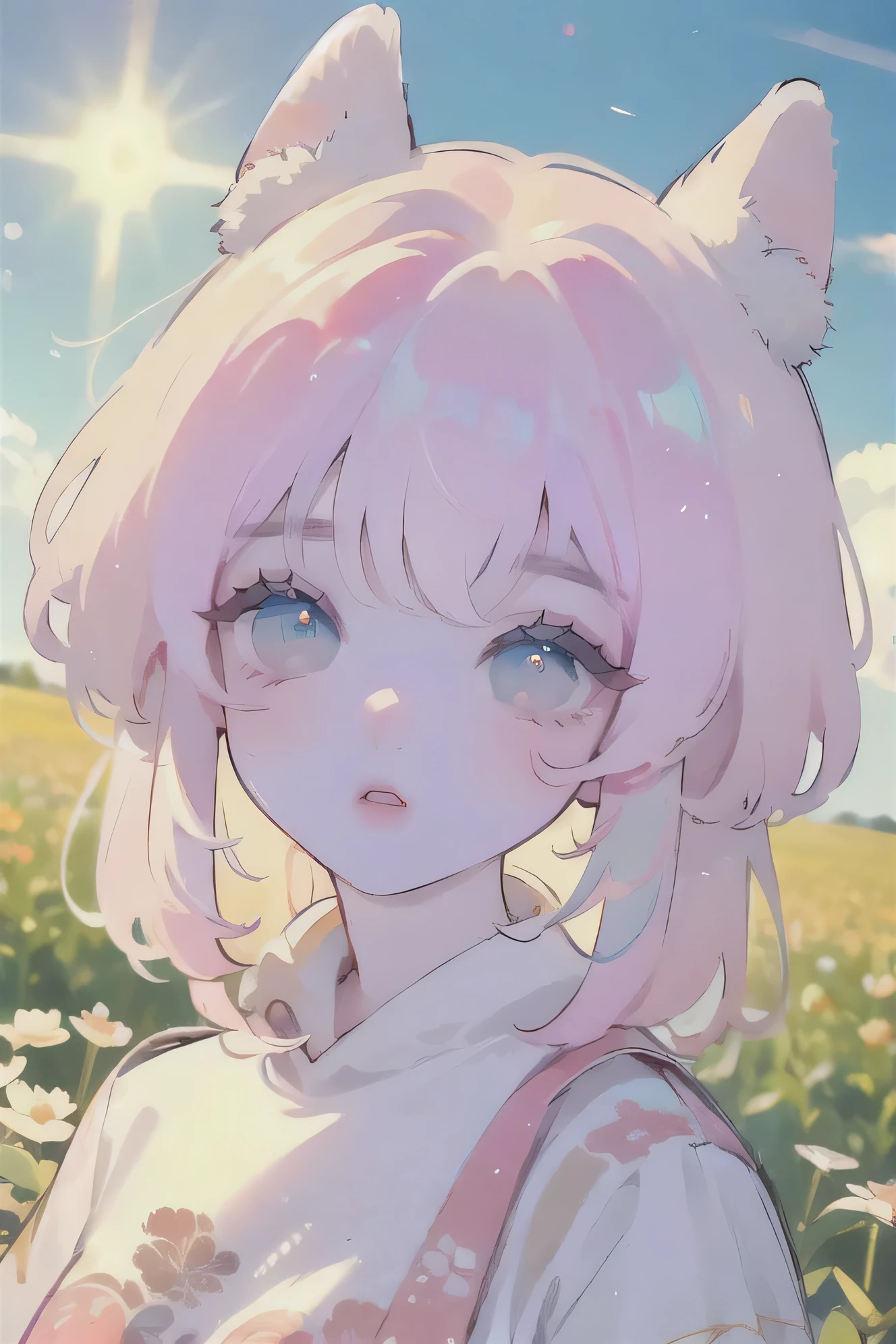 (High quality) (best quality) (A woman) (correct physiognomy) (perfect pupils) (perfect eyes) anime woman, deep pink hair, long and fluffy, two bunny ears coming out of her head, eyes of color blue, sensitive lips, feminine appearance, soft facial features, thin eyebrows, soft skin, rosy cheeks, rosy lips, silky eyelashes, dreamy expression, middle age, youthful clothing, sweatshirt with print of sheep, photo illuminated by sunlight, woman in a field of house