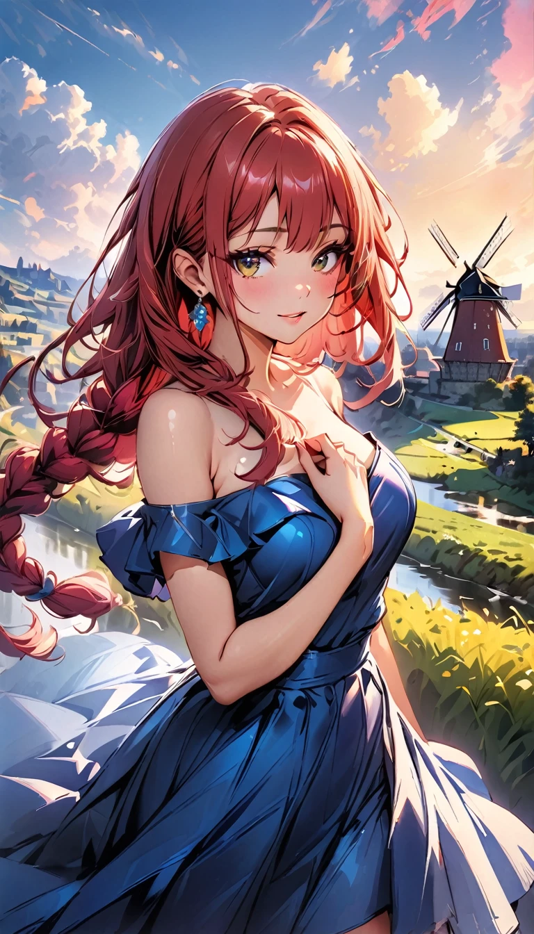 (highest quality:1.4), Very detailed, Vibrant, digital coloring, High Contrast, highest quality, Best aesthetics, (masterpiece:1.4), 1 girl, red Hair, (long hair AND single braid:1.5), BREAK (Blue Dress, off shoulder, Strapless dress:1.4), Jeweled Earrings, (fantasy landscape:1.4), windmill, countryside, Bright lighting, Beautiful world, New World, Blown by the gentle wind, side glance, left hand on own chest, vivid yellow eyes, (hot gaze, Hot, beautiful lips, Glossy, Open Mouth, Leaking sigh), Accurate,  Cowboy Shot, portrait, seductive smile, The beauty and danger of growing from a girl to an adult, A symbol of miraculous beauty
