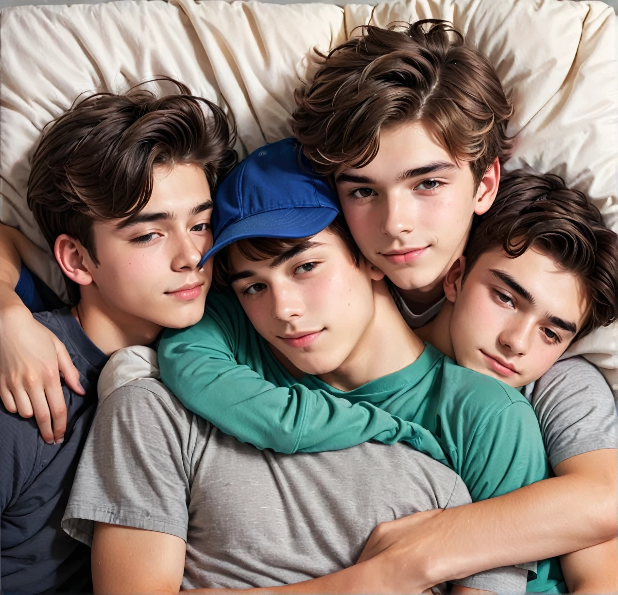 3 different cute male teenagers cuddling together