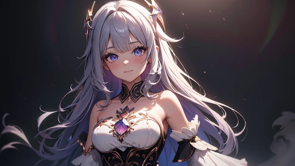 (masterpiece), 8k cg, stunningly beautiful girl, intricate details, chromatic aberration, ((bust shot)), ((looking at viewer)), 1girl, (KosekiBijou, hair ornament, white dress, strapless dress, crystal, detached sleeves, asymmetrical sleeves), extremely beautiful and delicate portrait, smile, blush, makeup, absurdres, cinematic lighting, dynamic lighting, fantasy, ((dark background, fog))