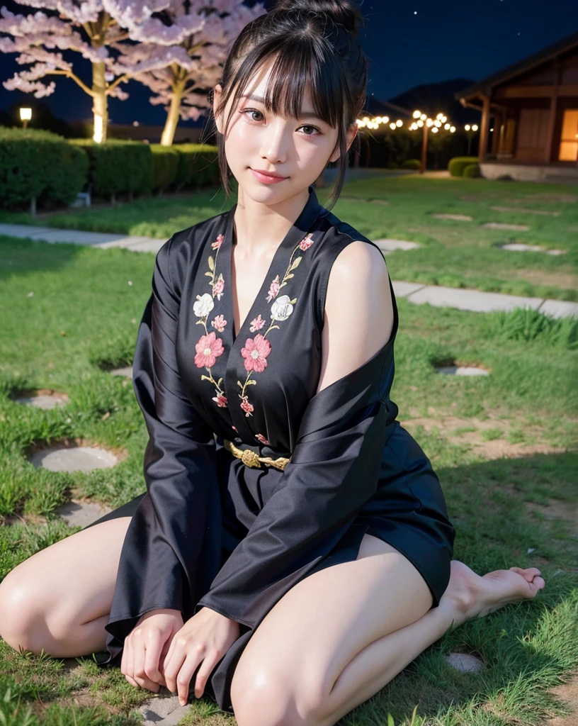 goddess,Late Night,Moonlit Night,Starry Sky,moonlight,Flower Field,Cherry blossom trees,No buildings,Black Hair,,18-year-old､sexy､Slender,Open chest,Golden band cord,Kirin Embroidery,純白のsexyな着物,barefoot,Cute smile,Looking up,Realistic details,Highest quality,Ultra-high resolution,Face Focus(Depth of written boundary)､Japanese,One person,Red eyes,Natural Face,(Bun Hair),sit down