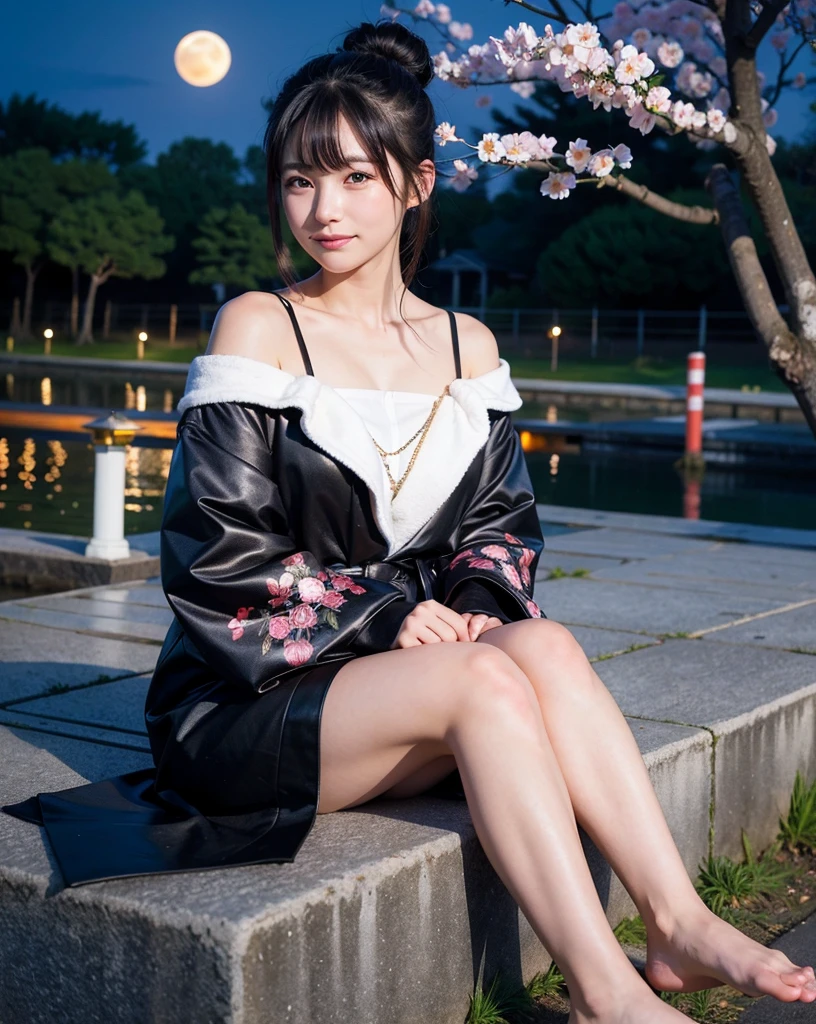 goddess,Late Night,Moonlit Night,Starry Sky,moonlight,Flower Field,Cherry blossom trees,No buildings,Black Hair,,18-year-old、sexy、Slender,Open chest,Golden band cord,Kirin Embroidery,純白のsexyな着物,barefoot,Cute smile,Looking up,Realistic details,Highest quality,Ultra-high resolution,Face Focus(Depth of written boundary)、Japanese,One person,Red eyes,Natural Face,(Bun Hair),sit down