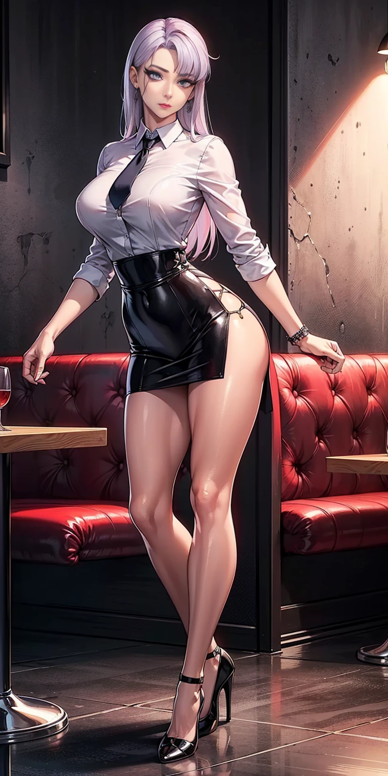 sakuyarindou768, mature female,(Wearing business outfit,formal jacket,neck tie, tie,white shirt, skirt, heels,High waist Skirt)( big perfect round breasts,hourglass body, thin waist,btpt-fc,Photo realistic, (hyperrealistic:1)beautiful, masterpiece, best quality, extremely detailed face, perfect lighting,detailed eye makeup, detail face, nice detailed eyes,nice hands, perfect hands (realistic pupils,realistic iris:1) heavy eye makeup (working at a restaurant, background restaurant)
