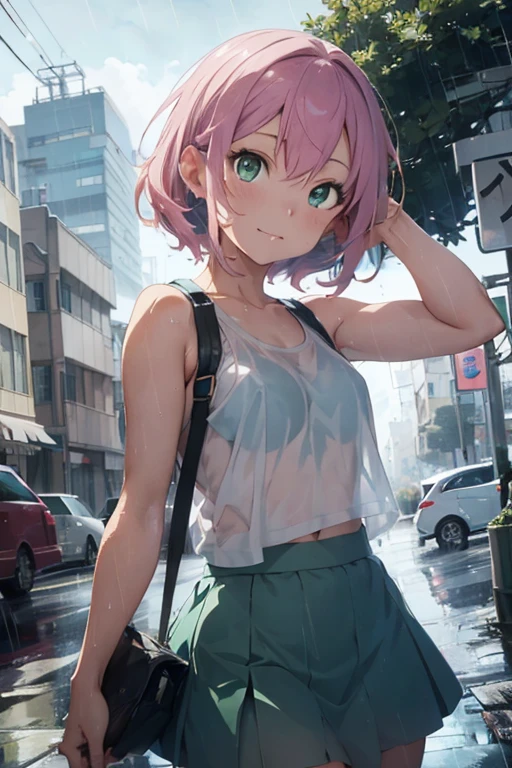 creates a 21-year-old anime girl in the rain with a wet white tank top with a short blue skirt pink hair and green eyes in an anime cityscape 