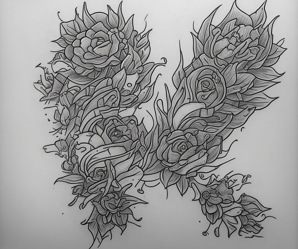 Sketch of a female tattoo on the neck and shoulder in the Japanese style with carps or one karma, waves and flowers.