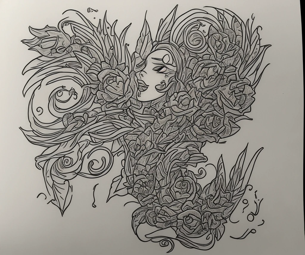 Sketch of a female tattoo on the neck and shoulder in the Japanese style with carps or one karma, waves and flowers.