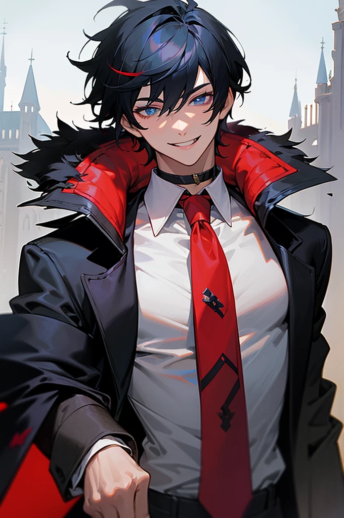 Masterpiece, Best Quality, 1boy, Riotsli, black hair, multi-colored hair, Short hair, blue eyes, shirt with collar, red tie, Jewelry, Choker, Black coat with fur trim on the shoulders, sleeves rolled up, upper-body, castle background, Smile, fangs