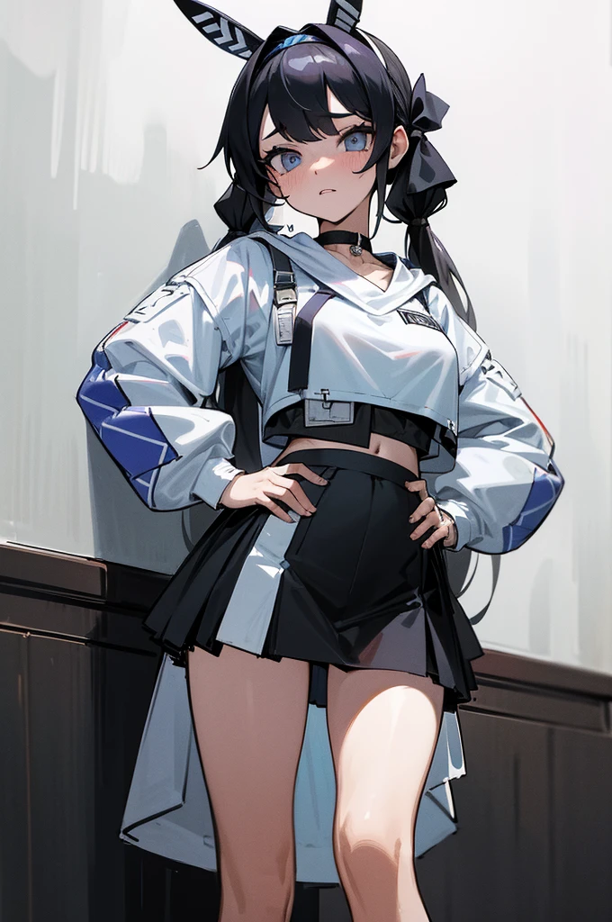(absurdres, 8k, 4k, masterpiece, hyper extreme detailed:1.2), solo, front view portrait, best quality, portrait, solo, adult, cowboyshot, perfect anatomy, 1girl, perfect face, expressive eyes, perfect eyes, standing up, standing against wall, chabashira tenko, twintails, hair ribbon, hairband, choker, streetwear, white sweater, graphic sweater, midriff, black skirt, hands on hips, large bust,