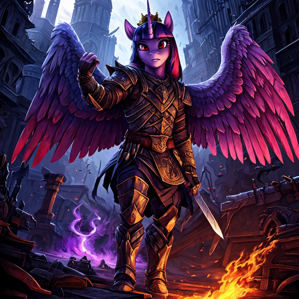a war-torn apocalyptic city in flames, an anthro alicorn pony queen twilight sparkle, dead male anthro pony in a military outfit, detailed feathered wings and unicorn horn, detailed hands and feet, wearing steel armor, wielding a sword, surrounded by dark magic, wearing a crown, beautiful detailed eyes, beautiful detailed lips, green and red eyes with purple smoke, extremely detailed eyes and face, long eyelashes, realistic portrait, fantasy portrait, dark fantasy, concept art, digital painting, hyper-detailed, cinematic lighting, volumetric lighting, dramatic colors, deep shadows, moody atmosphere, intricate texture, highly detailed armor, ornate crown, glowing dark magic effects, dynamic pose, photorealistic, 8k, HDR, physically-based rendering, vibrant colors, cinematic framing