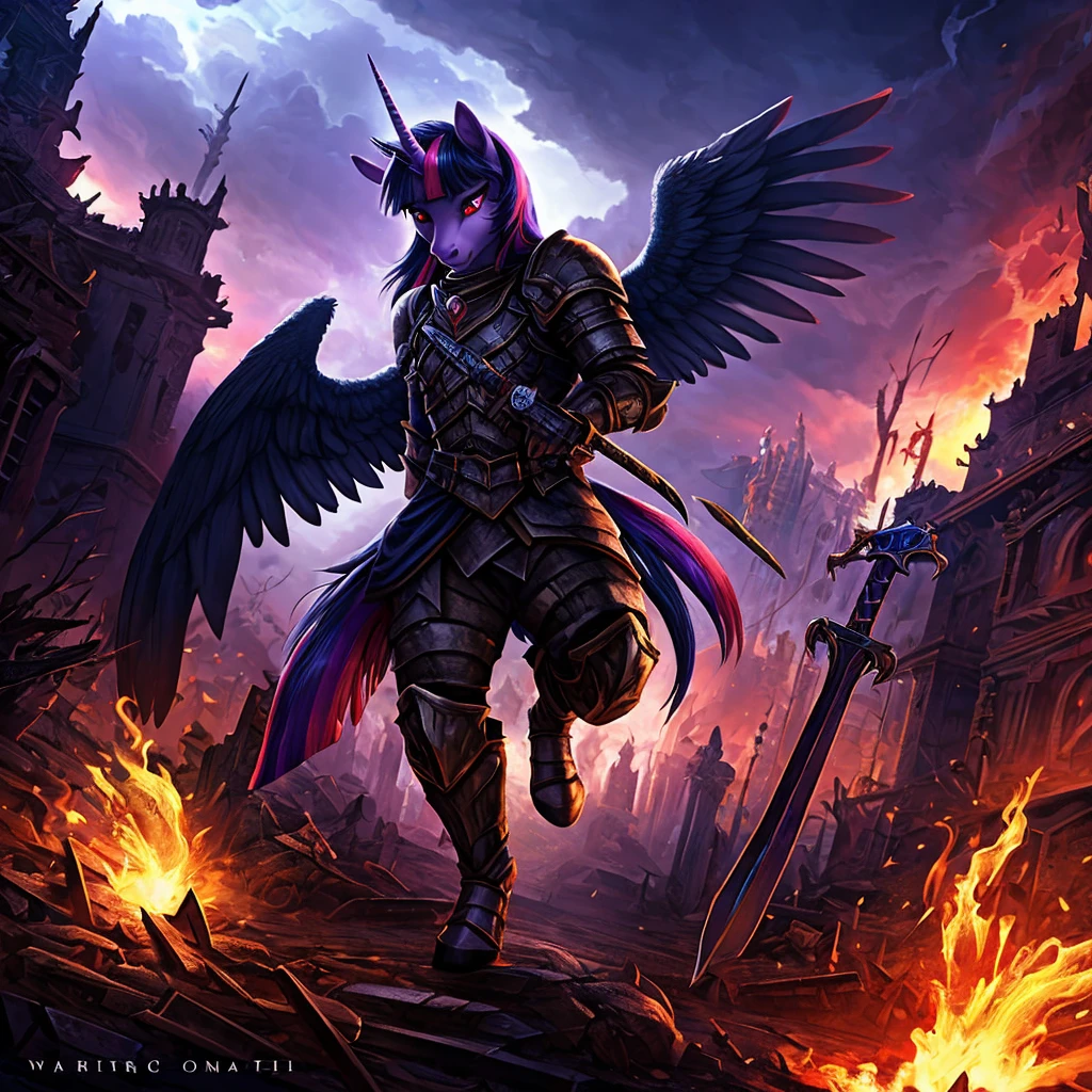 a war-torn apocalyptic city in flames, an anthro alicorn pony queen twilight sparkle, dead male anthro pony in a military outfit, detailed feathered wings and unicorn horn, detailed hands and feet, wearing steel armor, wielding a sword, surrounded by dark magic, wearing a crown, beautiful detailed eyes, beautiful detailed lips, green and red eyes with purple smoke, extremely detailed eyes and face, long eyelashes, realistic portrait, fantasy portrait, dark fantasy, concept art, digital painting, hyper-detailed, cinematic lighting, volumetric lighting, dramatic colors, deep shadows, moody atmosphere, intricate texture, highly detailed armor, ornate crown, glowing dark magic effects, dynamic pose, photorealistic, 8k, HDR, physically-based rendering, vibrant colors, cinematic framing