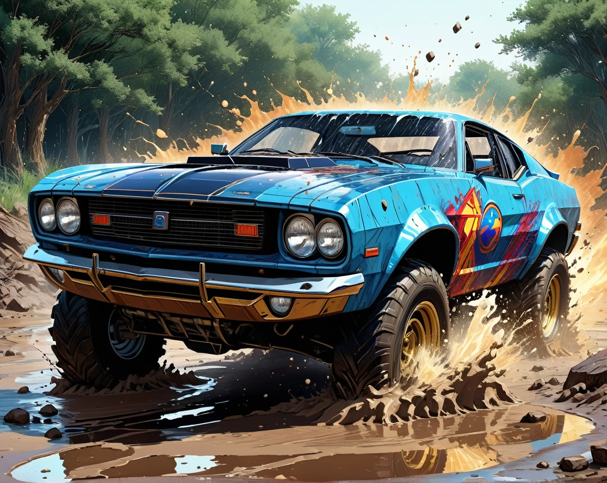 , vehicle, , lovely,, a comic book panel by John Brown Abercromby , [:anime line art:0.2], Thunder and Elemental and Light and solar themed, epic splash art , rasquache, , abstract, pixel art by Carne Griffiths , [:anime line art:0.2], Crystal and Energy themed, epic splash art , op art, , abstract superman  mud  OFFROAD  car cartoon