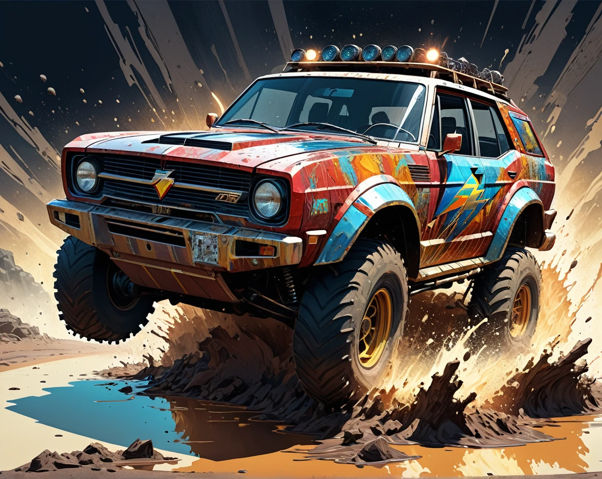 , vehicle, , lovely,, a comic book panel by John Brown Abercromby , [:anime line art:0.2], Thunder and Elemental and Light and solar themed, epic splash art , rasquache, , abstract, pixel art by Carne Griffiths , [:anime line art:0.2], Crystal and Energy themed, epic splash art , op art, , abstract superman  mud  OFFROAD  car cartoon