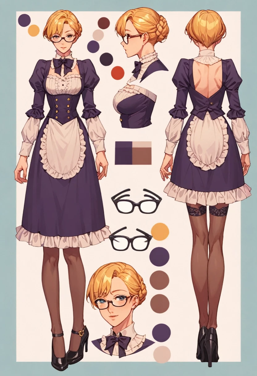 score_9, score_8_up, score_7_up, score_6_up, score_5_up, score_4_up, BREAK source_anime, 1girl, short blonde hair, thin rimmed glasses, victorian era styled butler outfit, full body, Reference sheet, Character sheet