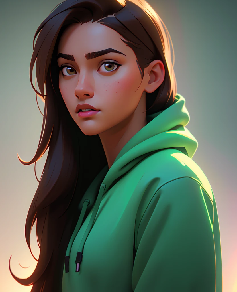 a beautiful girl with soft long brown hair, gray eyes, sharp features, white skin, green neon lips, wearing a hoodie, “calm good vibes” expression, (best quality,4k,8k,highres,masterpiece:1.2),ultra-detailed,(realistic,photorealistic,photo-realistic:1.37),portraits,cinematic lighting,warm color tones