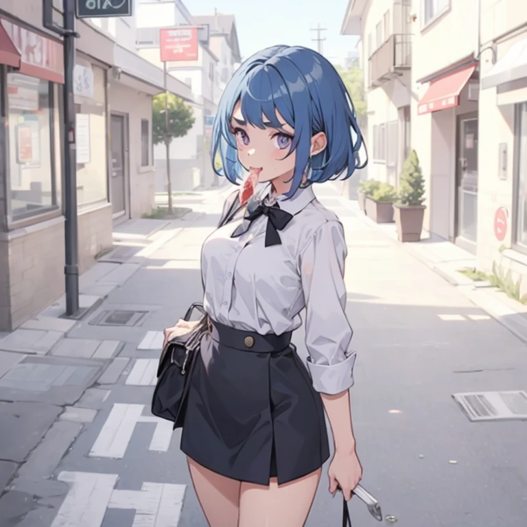 Young girl with blue hair,short straight hair and short bangs (purple eyes),, ((small bushy eyebrows)), wearing gothic lolita clothing, lolicon , medium large breast, breasts out of blouse, walking to school, bored look, bored face,, girl sucking penis cum bubbling out her mouth, in a street, girl giving a deepthroat blowjob to male, multiple vignettes