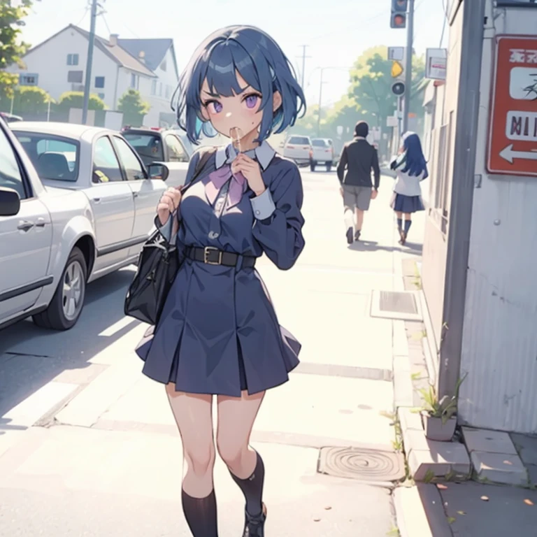 Young girl with blue hair,short straight hair and short bangs (purple eyes),, ((small bushy eyebrows)), wearing gothic ta clothing, loli, medium large breast, breasts out of blouse, walking to school, bored look, bored face,, girl sucking penis cum bubbling out her mouth, in a street, girl giving a deepthroat blowjob to male, multiple vignettes
