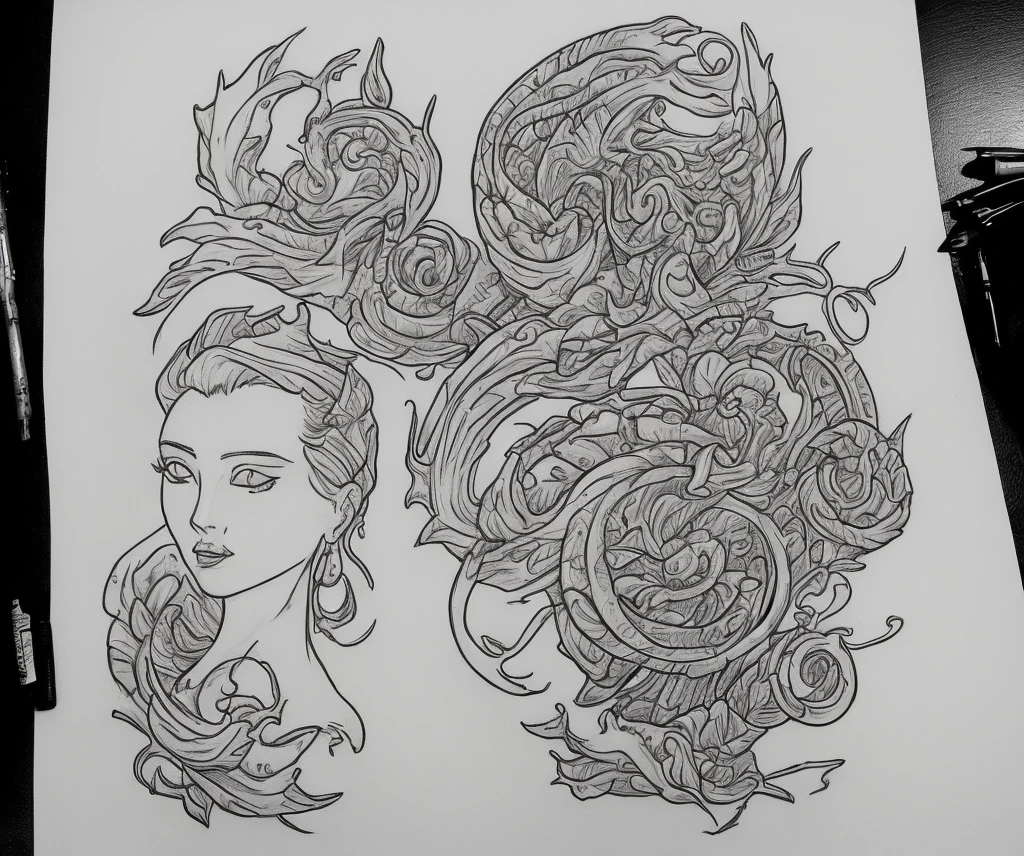 Sketch of a female tattoo on the neck and shoulder in the Japanese style with carps or one karma, Waves 