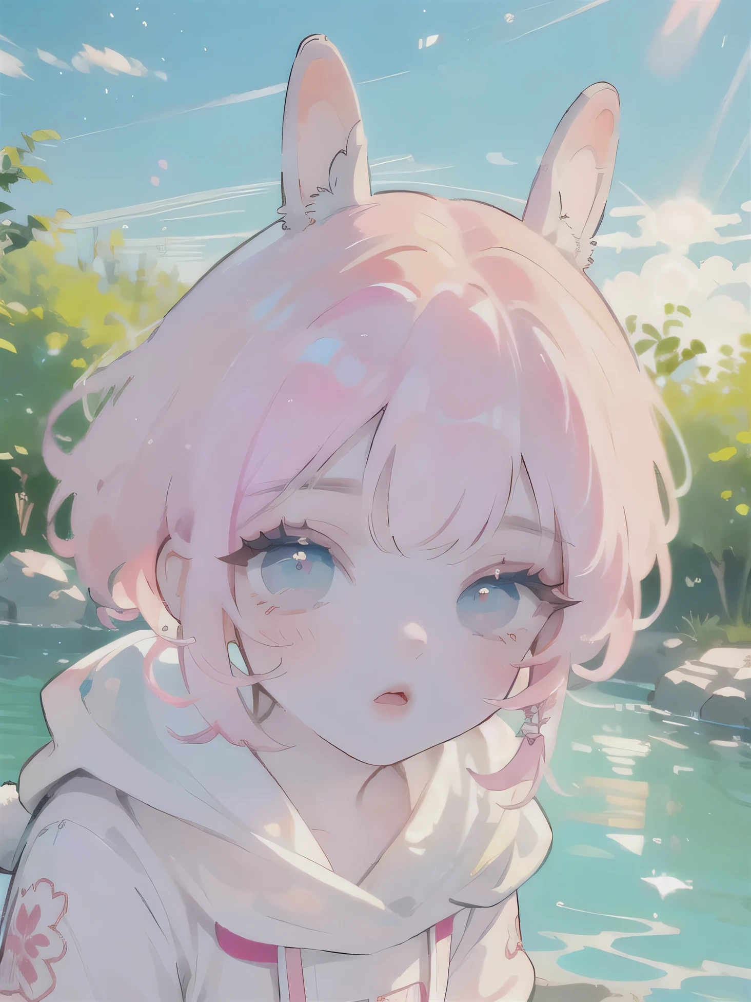 (High quality) (best quality) (A woman) (correct physiognomy) (perfect pupils) (perfect eyes) anime woman, deep pink hair, long and fluffy, two bunny ears coming out of her head, eyes of  color blue, sensitive lips, feminine appearance, soft facial features, thin eyebrows, soft skin, rosy cheeks, rosy lips, silky eyelashes, dreamy expression, middle age, youthful clothing, sweatshirt with print of sheep, photo illuminated by sunlight, Woman sitting in the river.