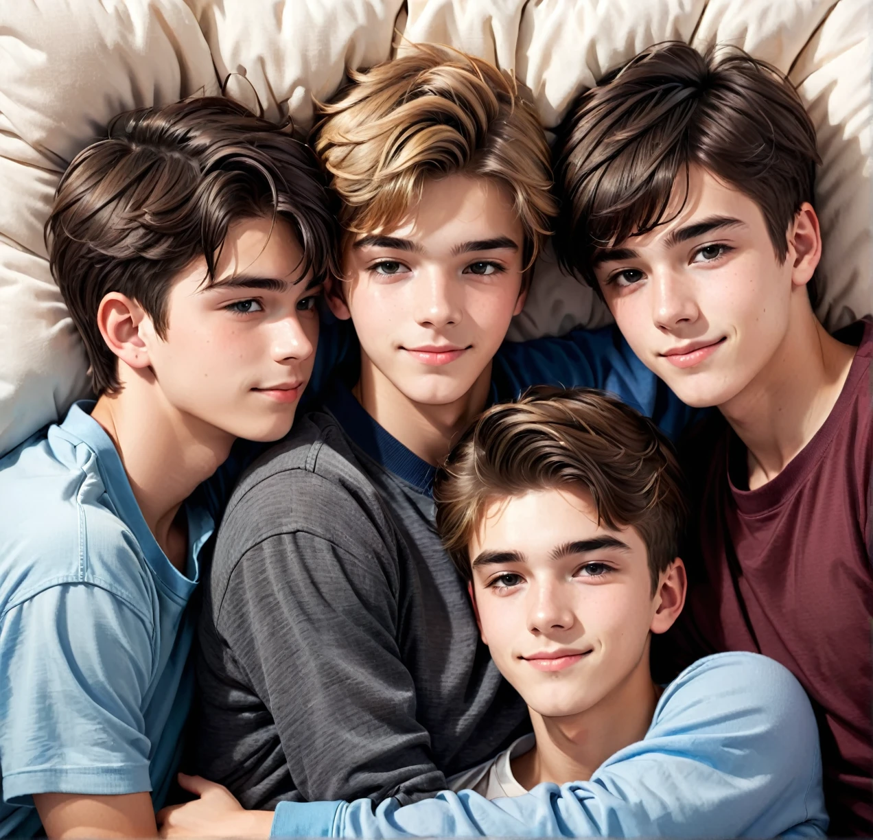 3 different cute male teenagers cuddling together