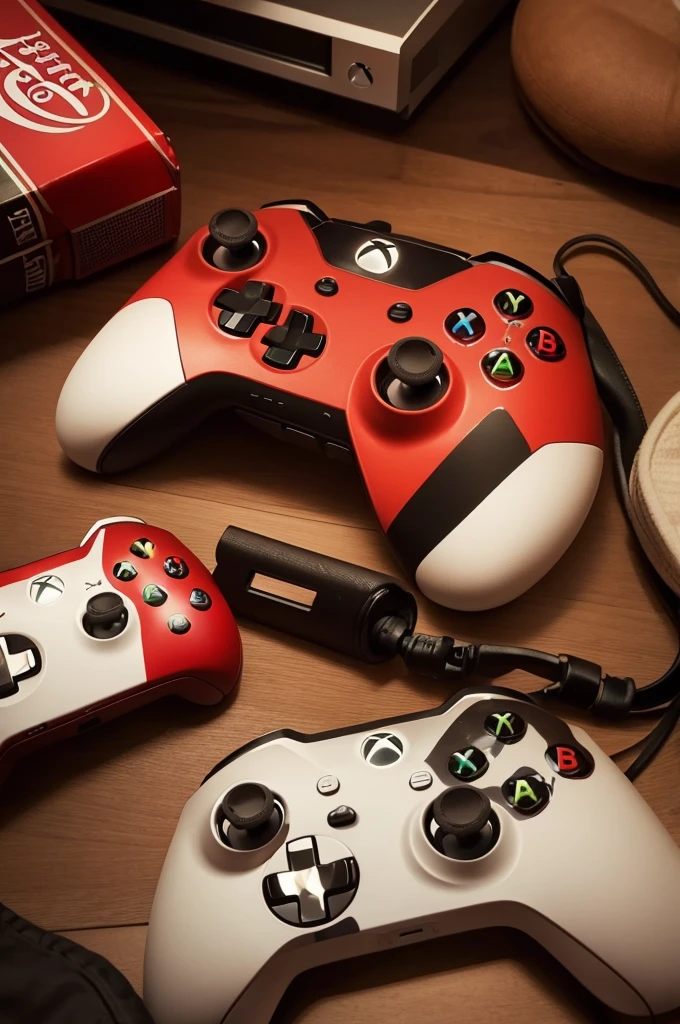 Create a photo of your Xbox controller next to a Coca Cola bottle 