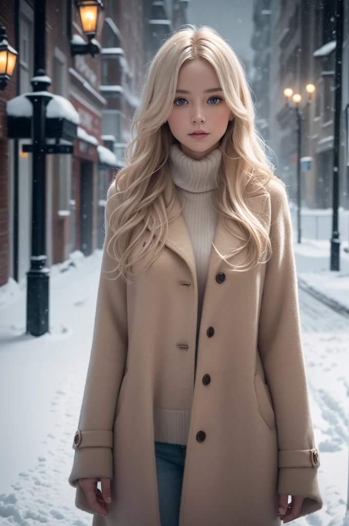 professional photograph of a beautiful naked Norwegian girl with long wavy blonde hair, sensual and seductive look, beautiful symmetrical face, beautiful natural makeup, wearing chic warm winter fashion clothing, ((standing outside on the snowy city street)), impressive modern urban environment, ultra realistic, conceptual artwork, chic, highy detailed, intricate, sharp focus, Depth of field, f/1. 8, 85 mm, medium shot, mid shot, (((professional color grading))), soft and bright diffused light, (Volumetric fog), Trends on Instagram, HD 4k, 8K